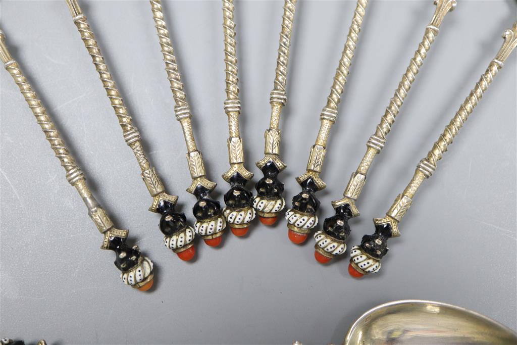 A set of nine early to mid 20th century Austro Hungarian white metal and enamel coffee spoons,